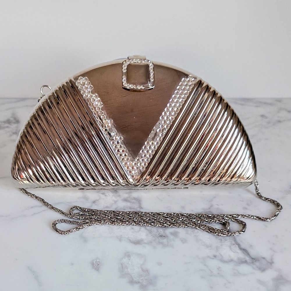 Vintage Art‎ Deco Crystal Silver Metal Shell Chain Crossbody Strap Clutch Bag